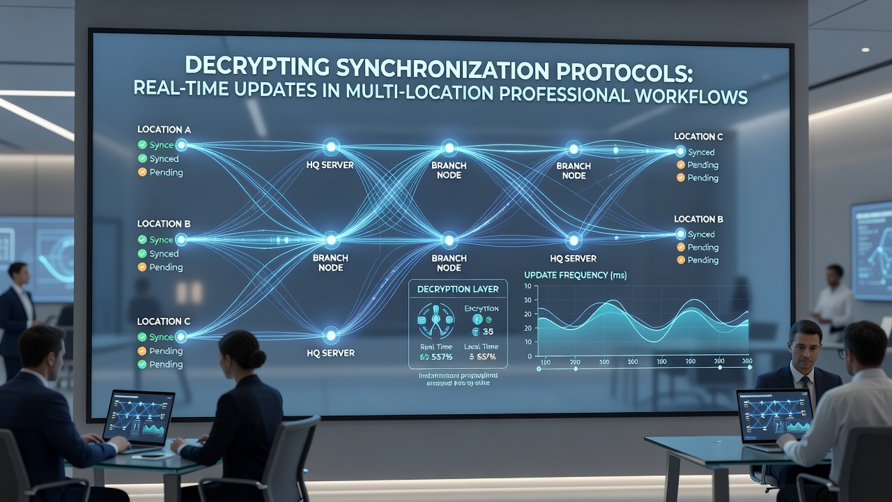 Diagram showing encrypted data packets traveling between synchronized devices in different professional office settings