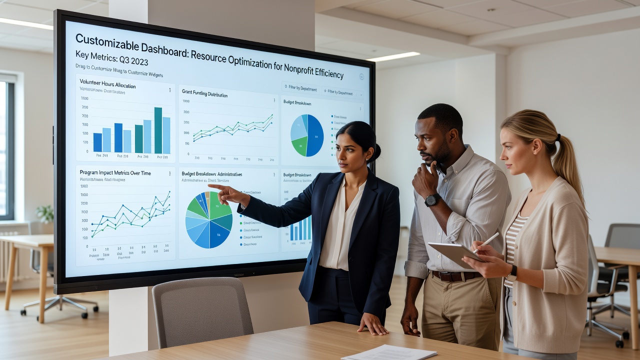 Team reviewing resource allocation trends on a nonprofit dashboard screen